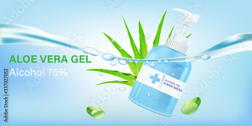 Aloe vera alcohol gel on water background. Pandemic covid-19 virus and protection coronavirus concept. Vector illustration design.