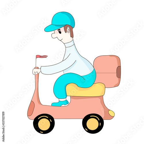 Mobile delivery of products and cargo. The man on the moped in the style of the cartoon gives the order. Vector illustration in flat style isolated on a white background. for apps, websites, and ads.