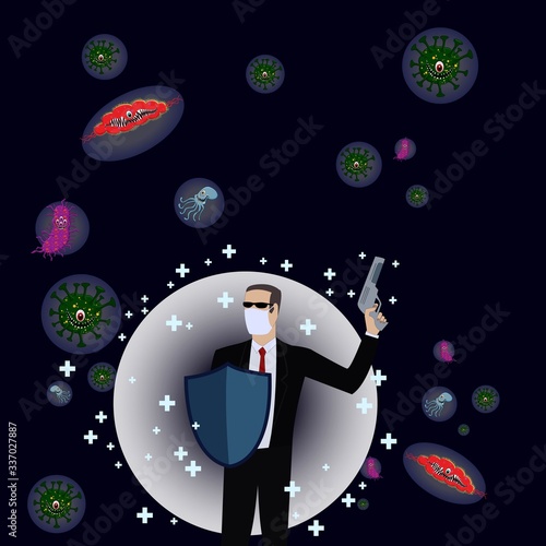 illustration of man with a shield and a gunfighting a virus.  infected with diseases, bacteria, and epidemics. isolated on a white background. vector