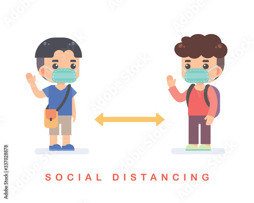 Social distancing concept. The teenage boys wear the protective masks, greeting and keeping distance to protect from COVID-19 Coronavirus. Vector flat design illustration on white background.