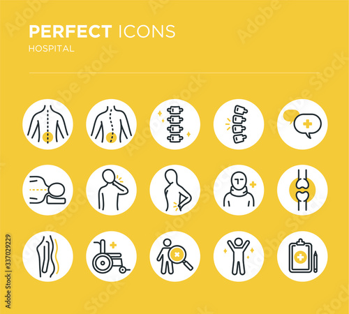 Spine line icon set. Backbone symbol collection. Orthopedics clinic, Medical rehab, Back trauma, Broken bone, Scoliosis. Health care thin linear hospital sign. Flat design style. Vector illustration.