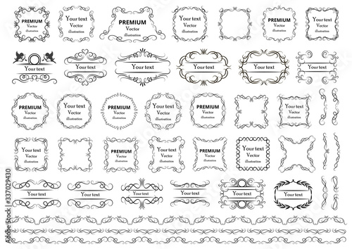 Calligraphic design elements . Decorative swirls or scrolls, vintage frames , flourishes, labels and dividers. Retro vector illustration.