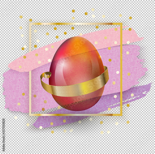 Glass Easter Egg in Gold Square with Pink Blots on transparent background. Square. Easter banner. photo