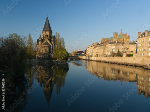 Large view on the Moselle, the temple and the cathedral in Metz