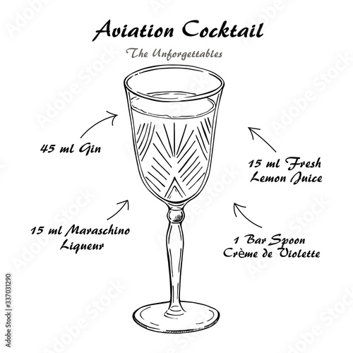 Cocktail Aviation recipe vector, low-alcohol drink sketch