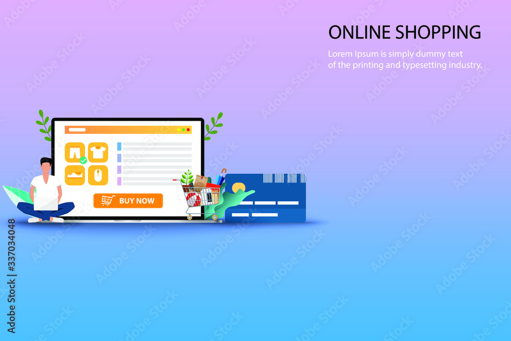 Concept of online shopping, young man searching to find a new pant on his laptop that place near supermarket basket and credit card in pastel color background. Concept of online shopping, young man searching to find a new pant on his laptop that place near supermarket basket and credit card in pastel color background.