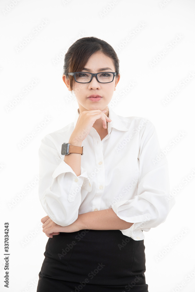 Cross hand with thinking face, pose by lifestyle of asian beautiful woman portrait in white collar dress looking front, standing and thinking negative isolated on white background. Cross hand with thinking face, pose by lifestyle of asian beautiful woman portrait in white collar dress looking front, standing and thinking negative isolated on white background.