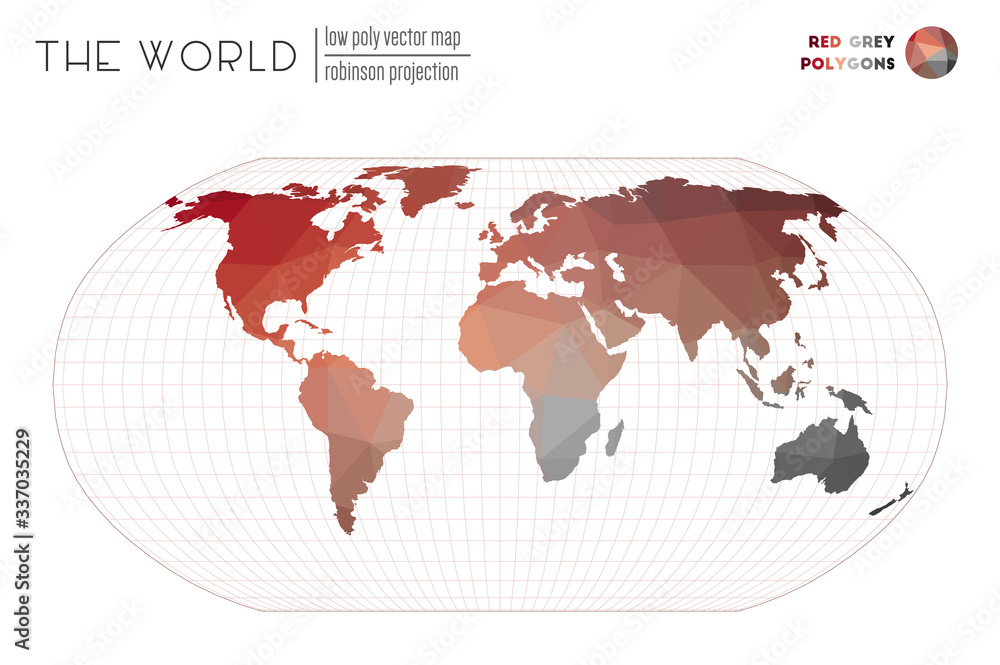 Polygonal world map. Robinson projection of the world. Red and grey colored polygons. Neat vector illustration. Polygonal world map. Robinson projection of the world. Red and grey colored polygons. Neat vector illustration.