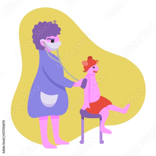 The therapist listens to a cheerful girl with a stethoscope. A general practitioner treats a little ginger girl. The concept of medicine and healthcare. Vector cartoon flat style illustration