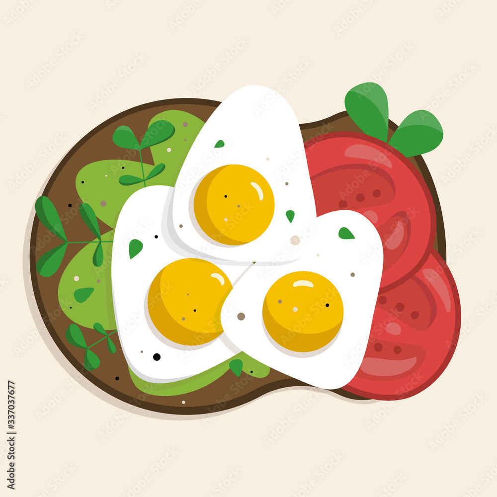 Vector sandwich with fried eggs, tomatoes and lettuce on a light background. Cartoon style illustration. Traditional quick breakfast. View from above. Vector sandwich with fried eggs, tomatoes and lettuce on a light background. Cartoon style illustration. Traditional quick breakfast. View from above.