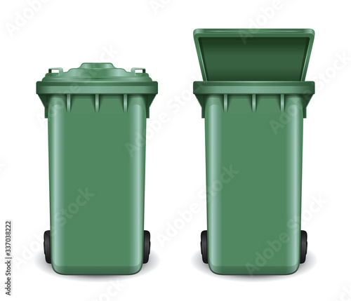 Dumpster in open and closed condition. Trash can on wheels. Green recycling bin bucket for trash. Realistic vector illustration isolated on white background