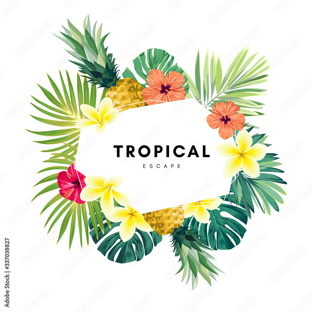 Green summer tropical background with exotic monstera palm leaves, pineapples, plumeria and hibiscus flowers. Vector floral background. Party flyer, invitation or banner template. Green summer tropical background with exotic monstera palm leaves, pineapples, plumeria and hibiscus flowers. Vector floral background. Party flyer, invitation or banner template.