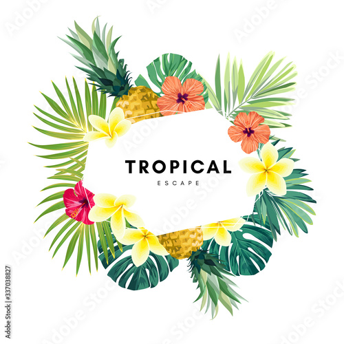 Green summer tropical background with exotic monstera palm leaves, pineapples, plumeria and hibiscus flowers. Vector floral background. Party flyer, invitation or banner template.