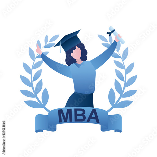 Degrees in education, beauty woman student with wreath,diploma and graduation hat. MBA certificate.