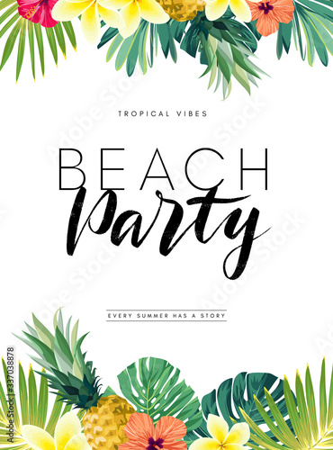 Green summer tropical background with exotic monstera palm leaves, pineapples, plumeria and hibiscus flowers. Vector floral background. Party flyer, invitation or banner template. photo