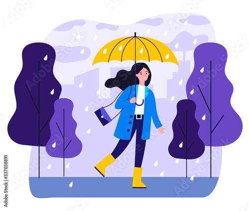 Happy smiling girl with umbrella walking in rainy day flat vector illustration. Woman staying outdoor in falling weather. Female character going in rain. Season, autumn and landscape concept