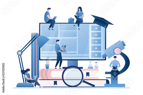 Home schooling or online education concept. Exam preparation banner. Various students learning on workplace.