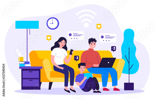 Family suffering from social media addiction. Parent and child sitting together at home and using digital devices. Vector illustration for problem, communication, internet concept