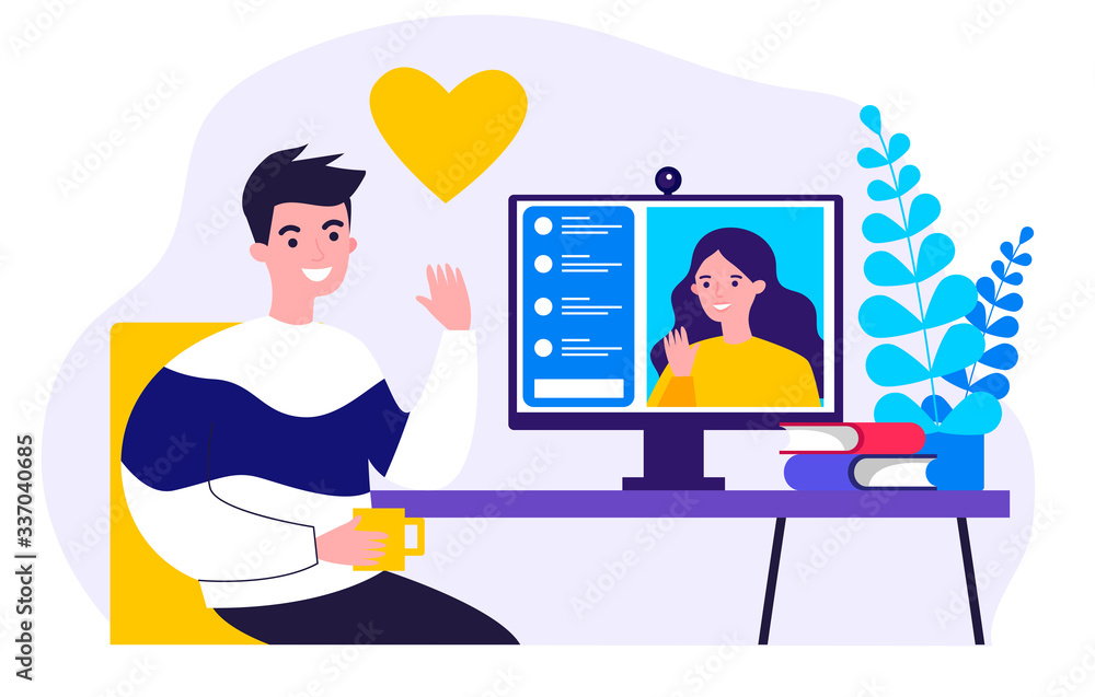 Happy people dating online flat vector illustration. Young man and woman chatting via laptop computer. Social media and communication concept. Happy people dating online flat vector illustration. Young man and woman chatting via laptop computer. Social media and communication concept.