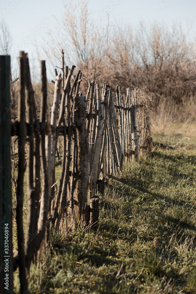Large and small branches are woven to create a natural organic fence in a common garden. In the distance you can see the road to the countryside in early spring. Large and small branches are woven to create a natural organic fence in a common garden. In the distance you can see the road to the countryside in early spring.