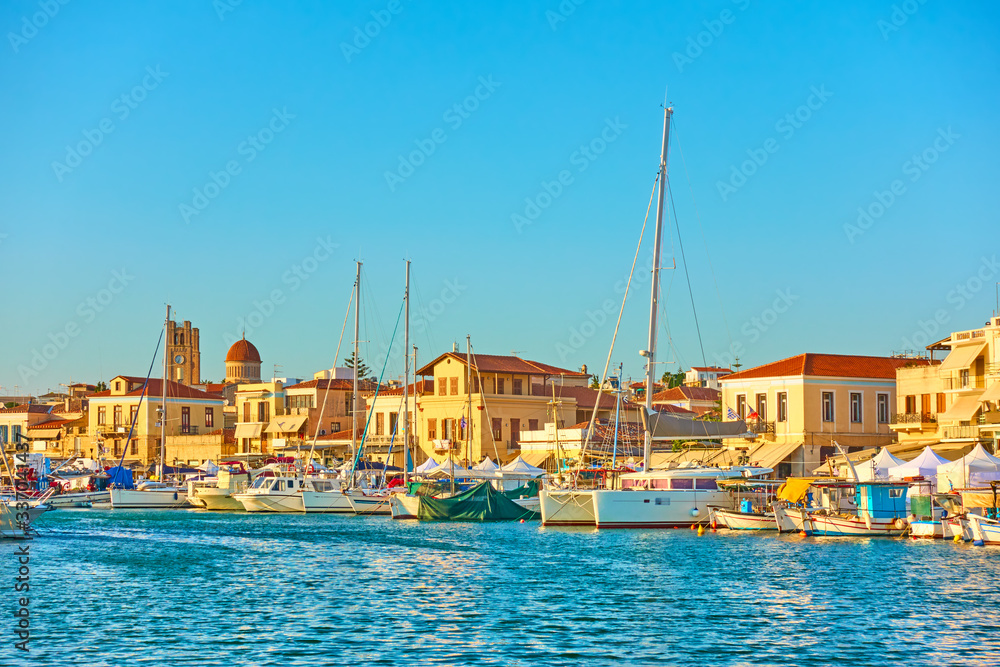 Harbour and waterfront in Aegina town in Greece