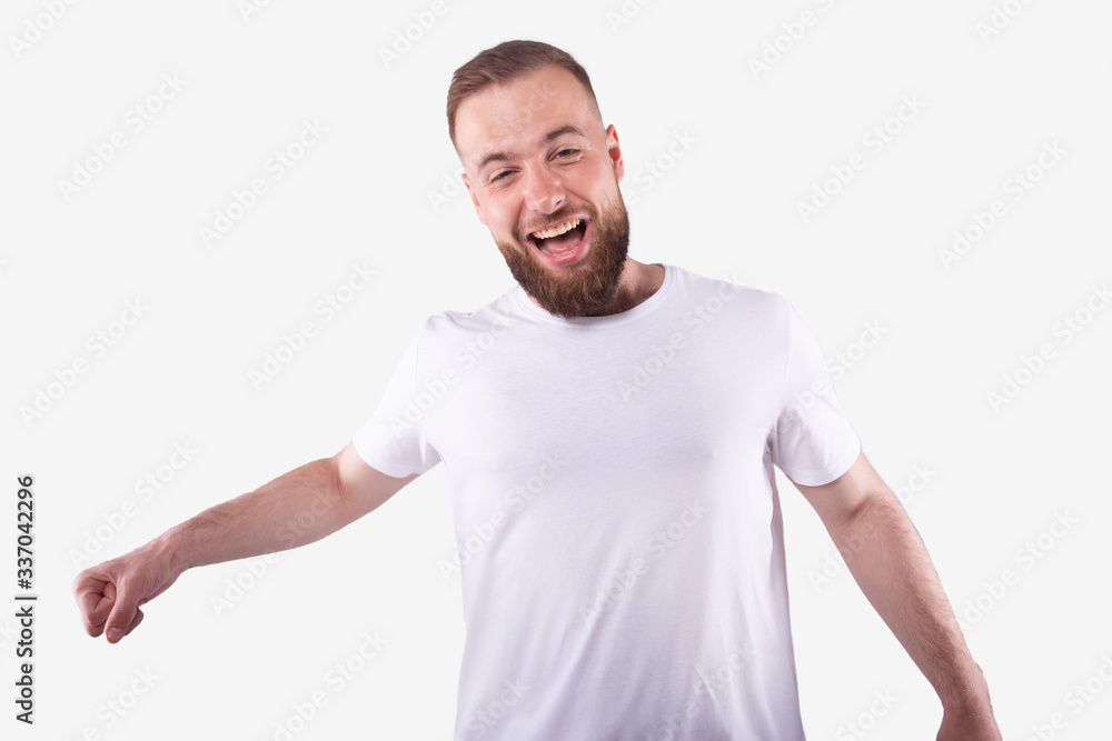 Happy caucasian man smiling to camera. Winner, holiday, friday mood concept Happy caucasian man smiling to camera. Winner, holiday, friday mood concept