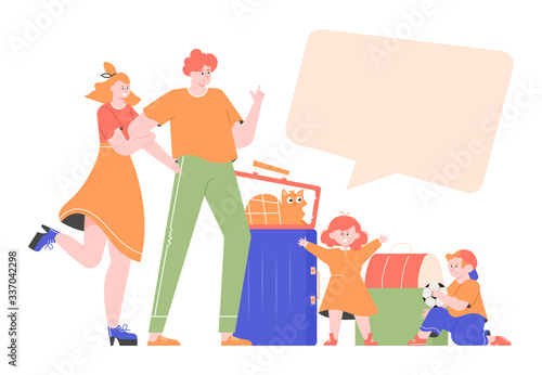 The family moves to a new apartment, a house. Mom, dad, daughter, son and cat. Stand next to suitcases and boxes. Happy relocation. Vector flat illustration.