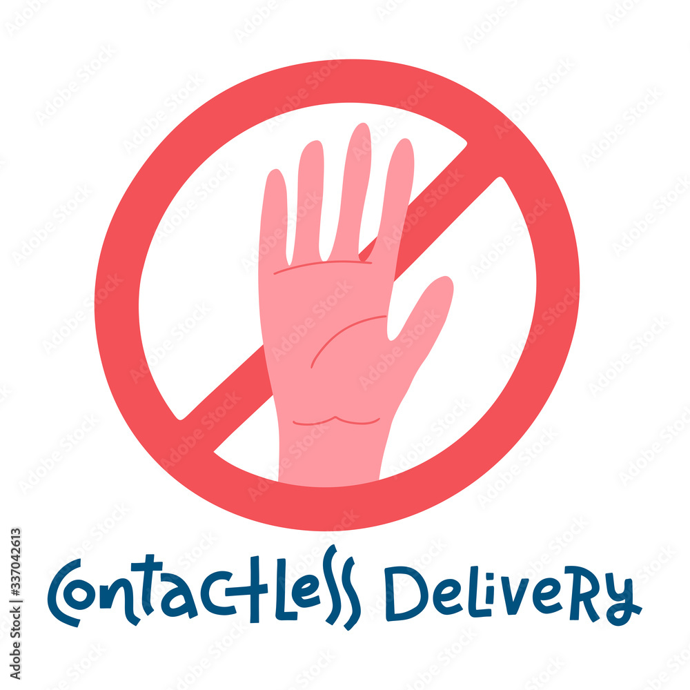 Obraz premium Contactless delivery sign and symbol. Delivery left at the door during the quarantine. Control Epidemic Prevention measures of coronavirus. Crossed out hand palm. Vector flat Illustration
