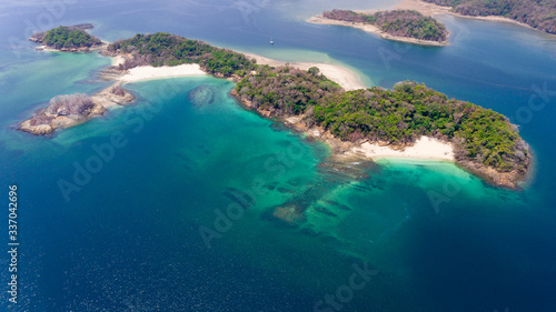Aerial View of Las Perlas Islands with Coral and Rock Fringed Clear Water Beaches