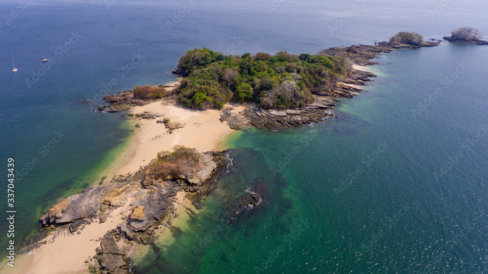 Aerial View of Las Perlas Islands with Coral and Rock Fringed Clear Water Beaches