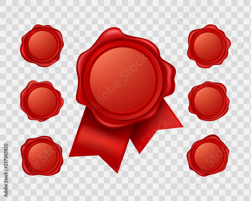 Vector 3d realistic red sealing wax collection on transparent background. Old stamp with ribbons. Vintage decoration object, tag for secret document or blank. Labels for guarantee, letters and awards.