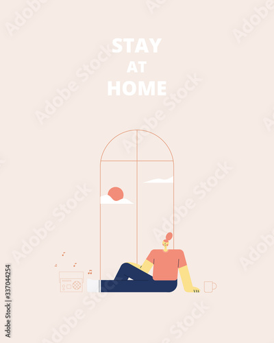 Stay home concept. Young woman sitting at their home or room and listening to music. Vector illustration.