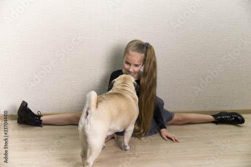 A girl is playing with a pug dog. Girl doing splits.