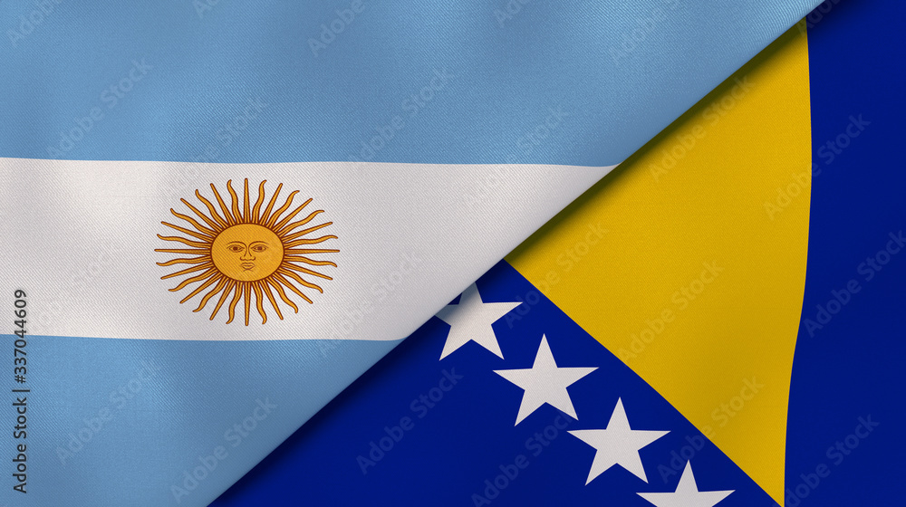 The flags of Argentina and Bosnia and Herzegovina. News, reportage, business background. 3d illustration - obrazy, fototapety, plakaty 