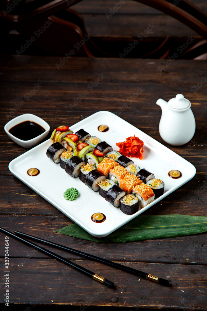 mixed sushi rolls on the plate mixed sushi rolls on the plate
