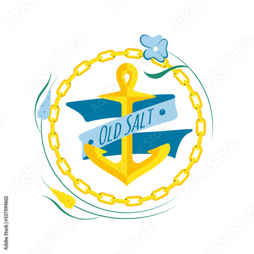 Colorful marine design with marine anchor , flowers, chain frame and lettering elements. Quote Old Salt. Unique t-shirt or bag design, house warming poster, greeting card illustration. Vector photo