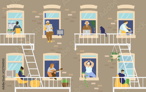 House exterior with people in windows and balconies staying at home and doing different activities: studying, playing guitar, working, doing yoga, cooking, reading. Flat vector illustration.