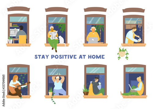 Set of people in windows doing different activities. Studying, reading paper, working, cooking, playing guitar, doing yoga. People staying home. Flat vector illustration.