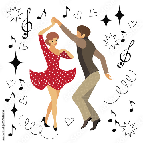 a young man and woman dance in the style of the 50s. a drawing in the style of the cartoon. stock vector illustration. EPS 10.
