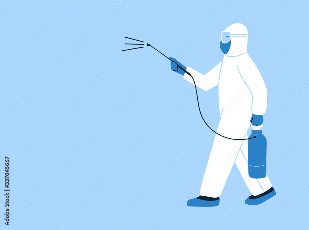 Modern vector illustration in flat style. Specialist in protective suit with disinfection equipment. Decontamination as a prevention against coronavirus COVID-19. Design concept. Place for text