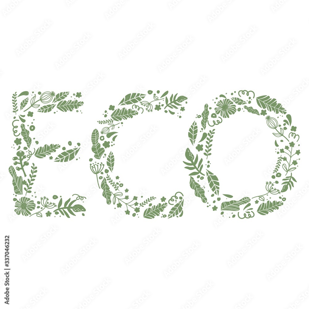 eco logo made of leaves, nature protection. T-shirt print. Green letters...