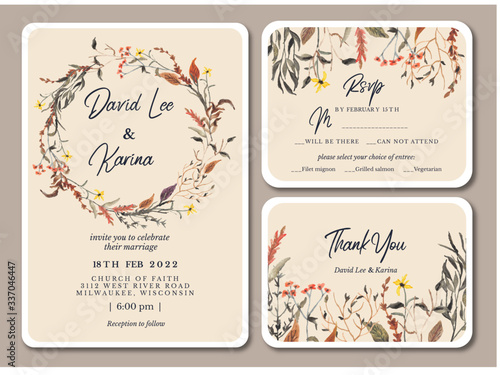 wedding invitation with autumn floral watercolor