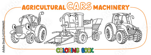 Funny cars coloring book set. Agricultural machinery