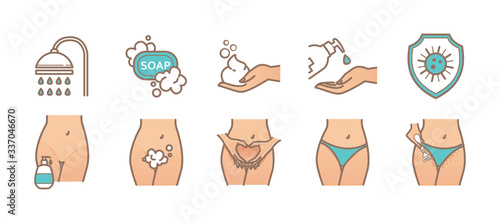 Intimate hygiene. Female personal hygiene products. Woman critical days. Menstrual cycle. Menstrual cup, Sanitary napkin, tampon