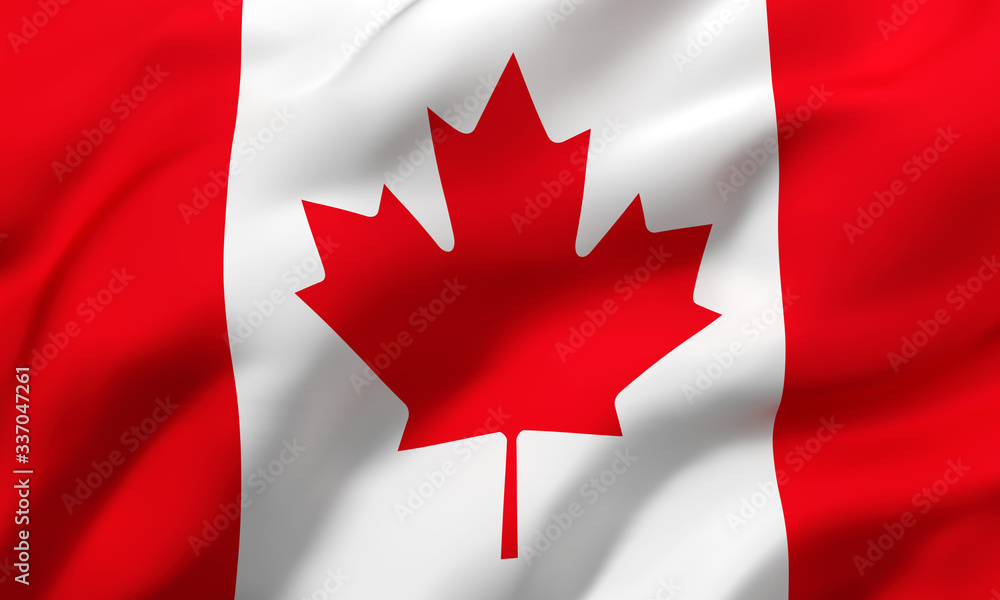 Flag of Canada blowing in the wind. Full page Canadian flying flag. 3D illustration. Flag of Canada blowing in the wind. Full page Canadian flying flag. 3D illustration.