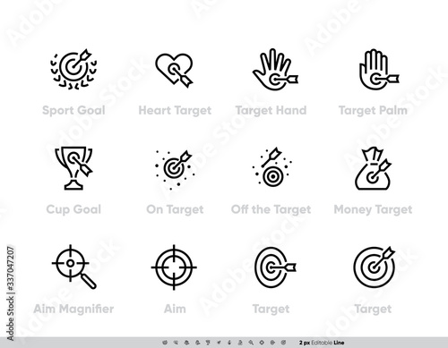 Sport Goal and Targets icon set. Heart, Hand, Palm, Cup, Aim on Money, Magnifier vector icons. Editable line stroke pictogram