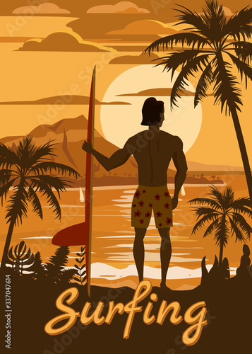 Surfer standing with surfboard on the tropical beach back view