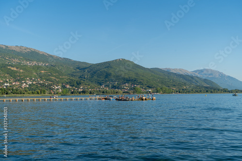 Lake Ohrid in front of the big mountains in North Macedonia. August, 2019