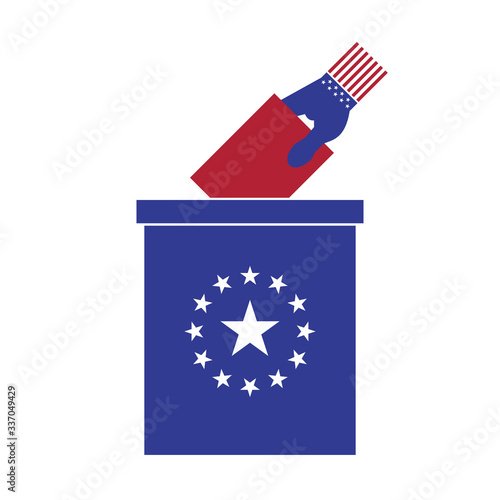 Hand putting voting ballot into vote box. Voting concept. The US presidential election 2020. Vector illustration
