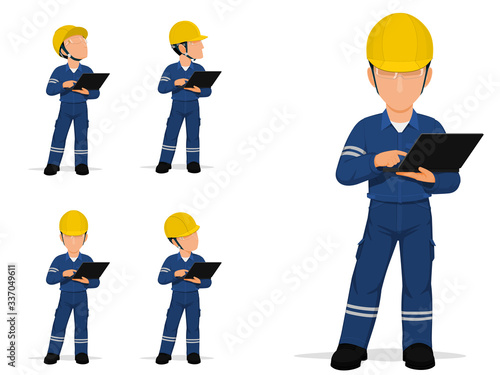 Set of industrial worker with laptop on white background